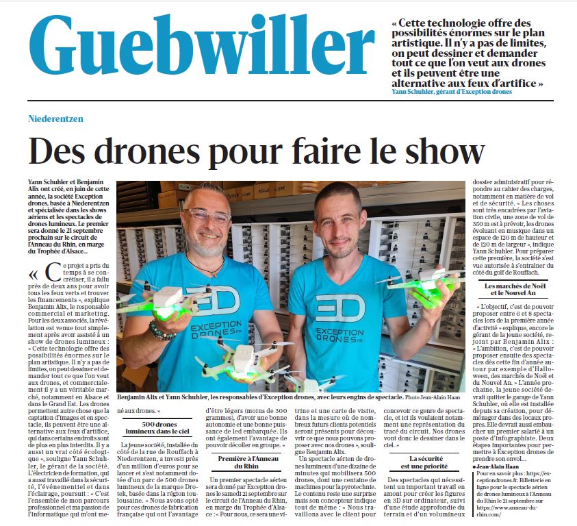 Article du journal l'Alsace pour la création de Exception Drones