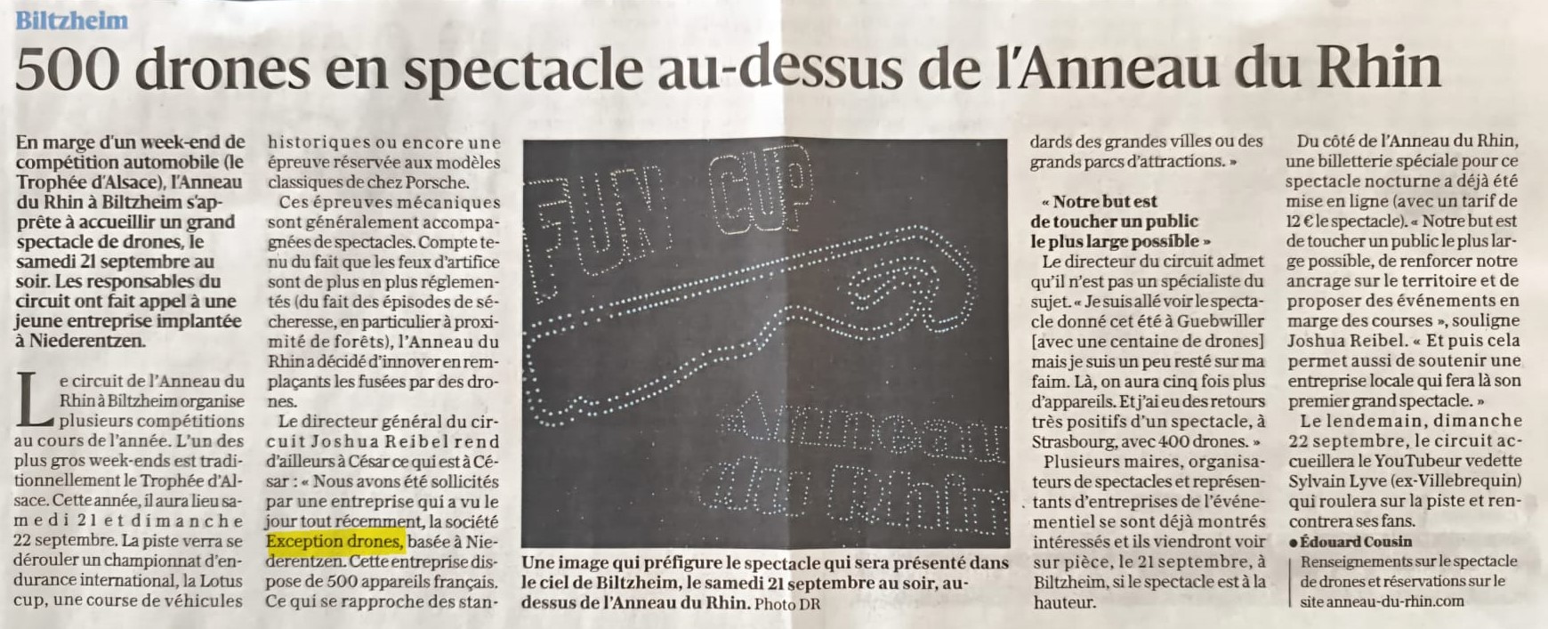 Article Du journal annonce 21 semptembre Anneau du Rhin 500 drones